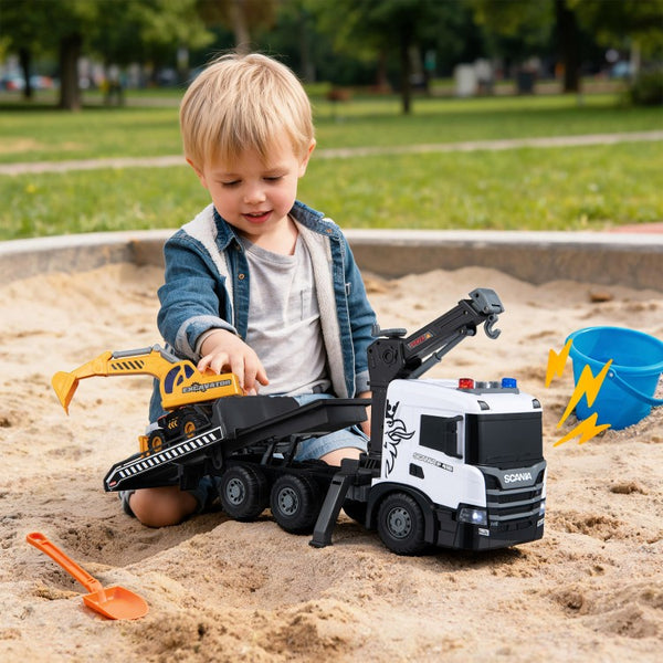 Kids Construction Truck Set – Rescue Tow Truck & Excavator with Sounds, Licensed Scania