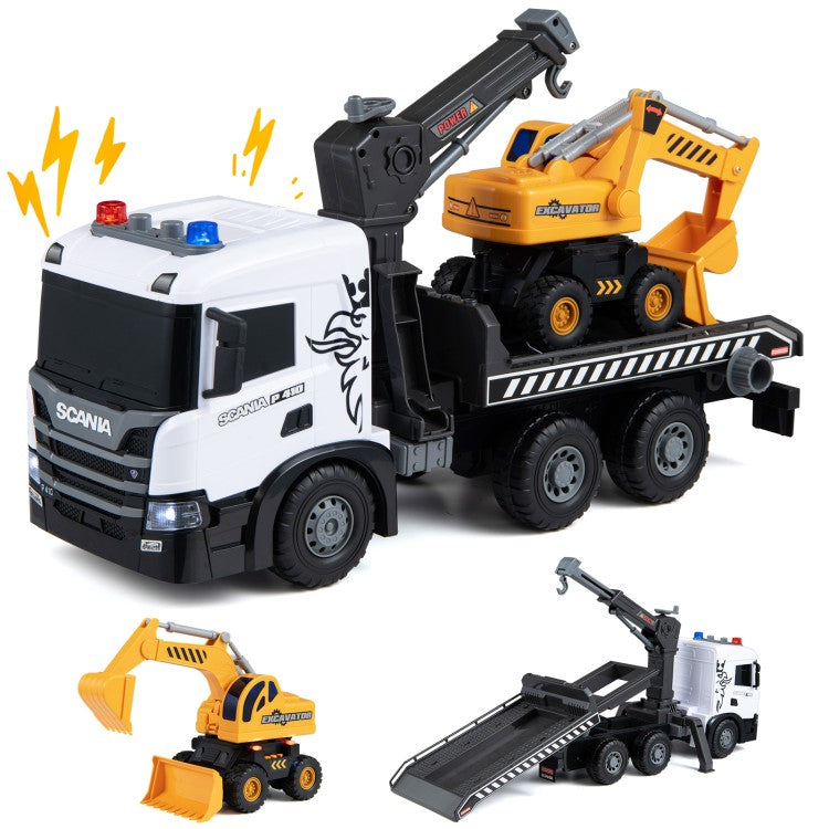 Kids Construction Truck Set – Rescue Tow Truck & Excavator with Sounds, Licensed Scania
