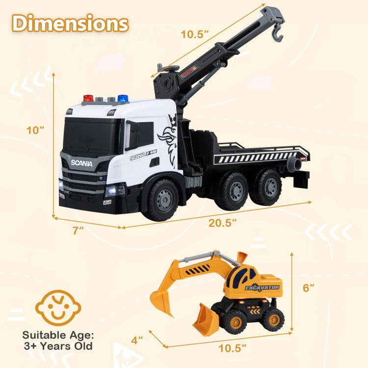 Kids Construction Truck Set – Rescue Tow Truck & Excavator with Sounds, Licensed Scania