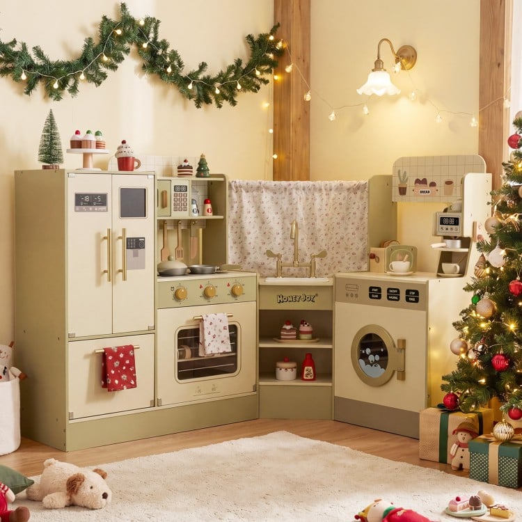 Kids Corner Play Kitchen with Faucet and Dishwasher and Stoves-Green