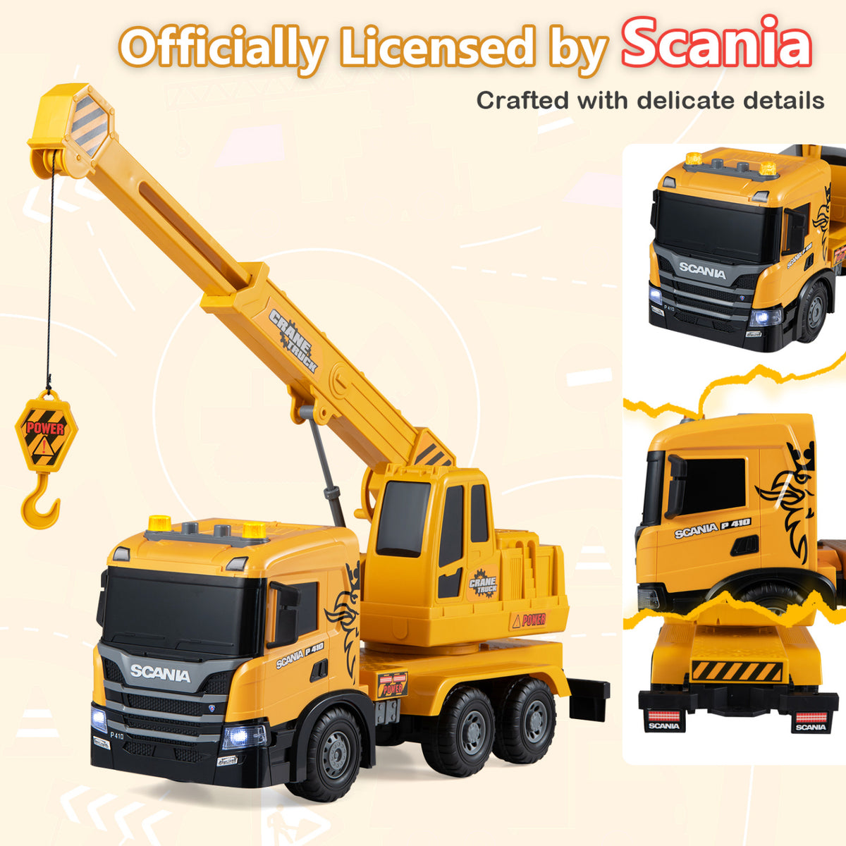 Kids Crane Truck Toy with Sounds & Telescopic Arm – Licensed Scania