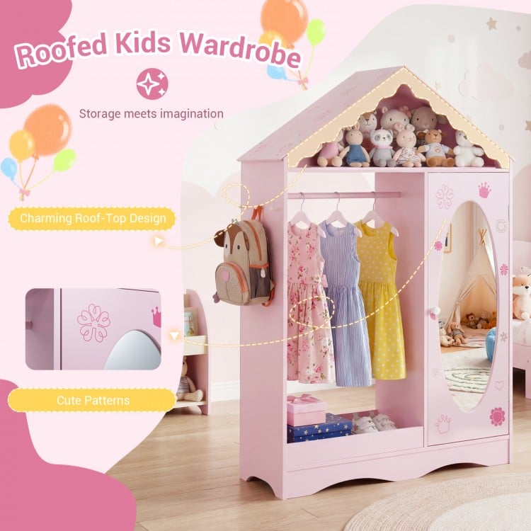 Kids Dress Up Storage with Mirror Roofed Wardrobe Closet with Open Hanging Rack-Pink