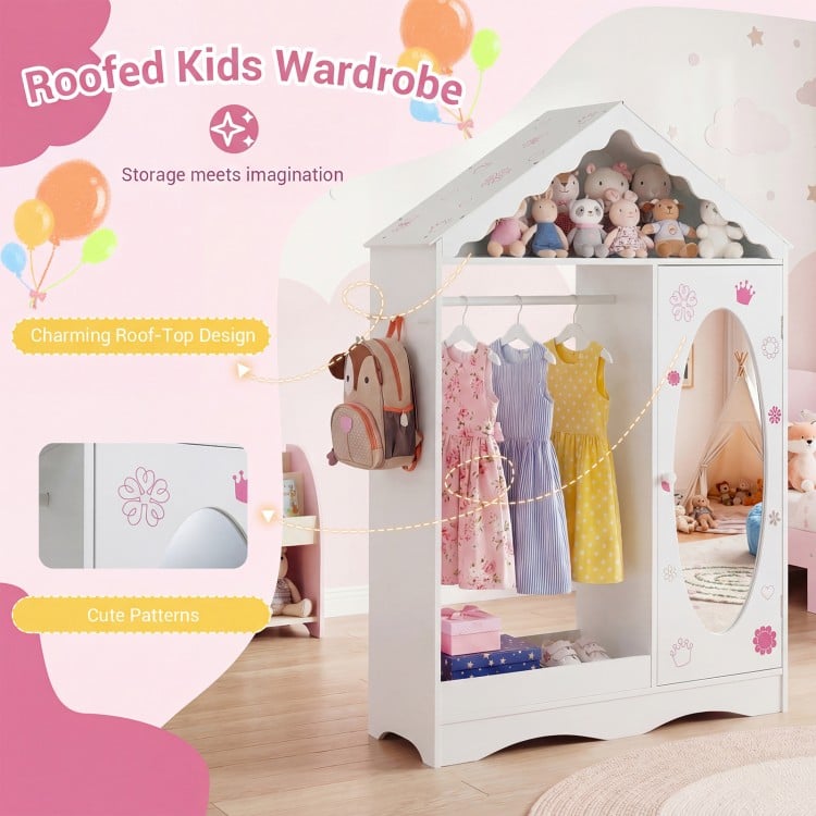 Kids Dress Up Storage with Mirror Roofed Wardrobe Closet with Open Hanging Rack-White