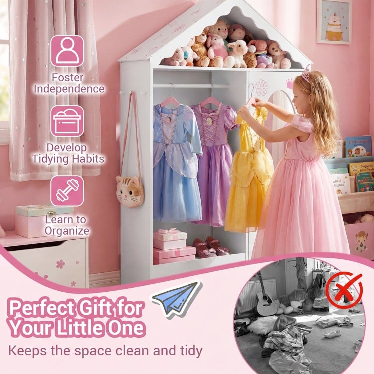 Kids Dress Up Storage with Mirror Roofed Wardrobe Closet with Open Hanging Rack-White