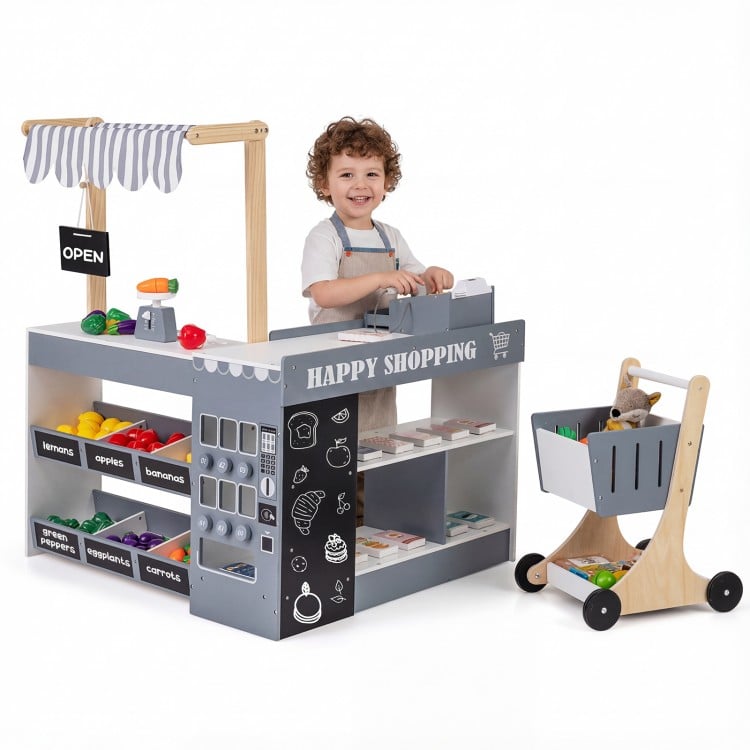 Kids Grocery Store Playset Wooden Pretend Play Supermarket with Shopping Cart-Natural