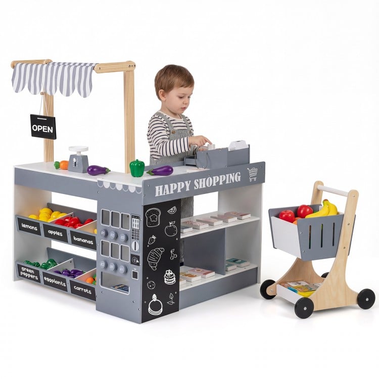 Kids Grocery Store Playset Wooden Pretend Play Supermarket with Shopping Cart-Gray