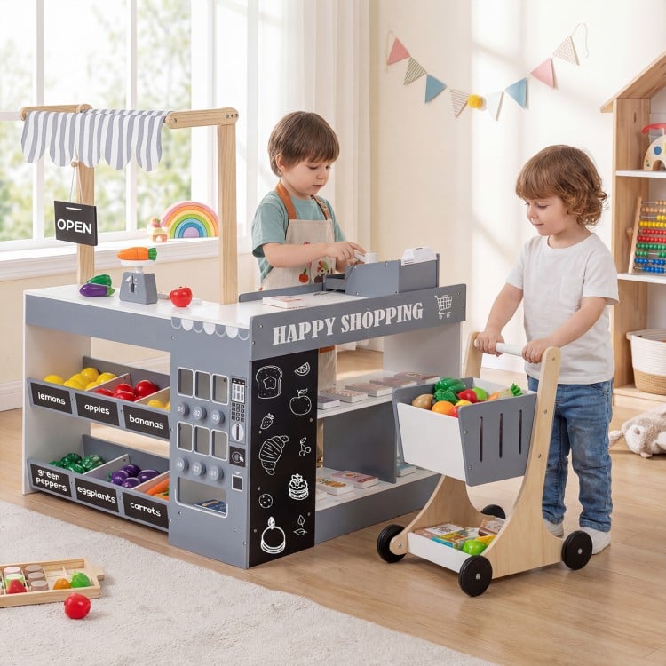 Kids Grocery Store Playset Wooden Pretend Play Supermarket with Shopping Cart-Red