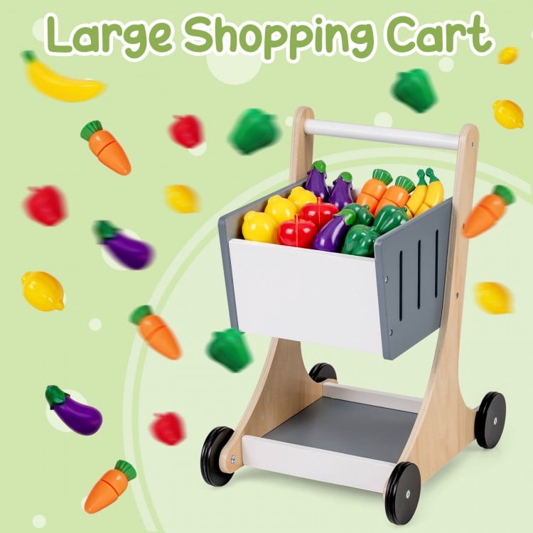 Kids Grocery Store Playset Wooden Pretend Play Supermarket with Shopping Cart-Gray