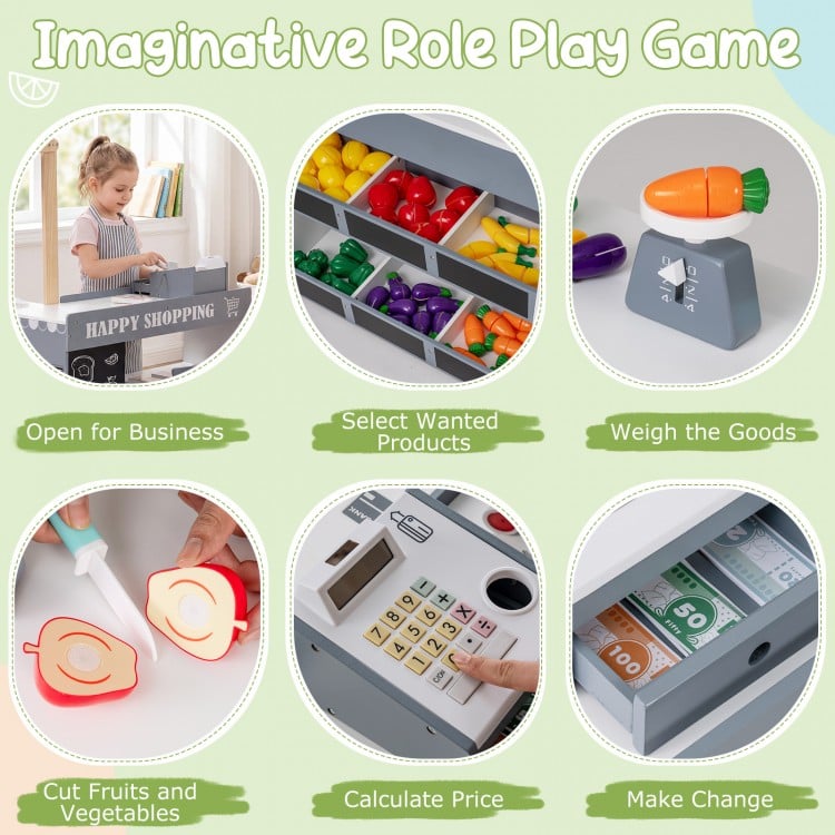 Kids Grocery Store Playset Wooden Pretend Play Supermarket with Shopping Cart-Gray