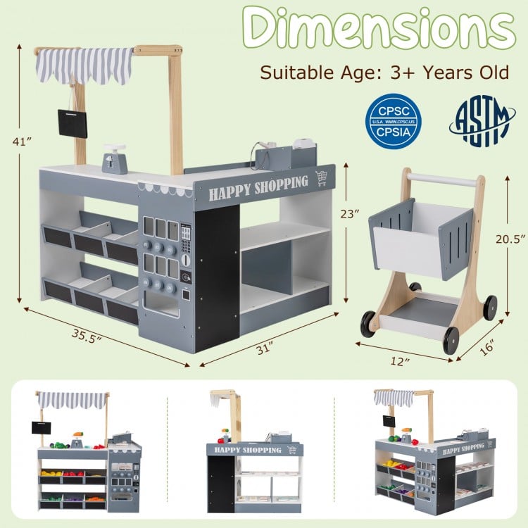 Kids Grocery Store Playset Wooden Pretend Play Supermarket with Shopping Cart-Gray