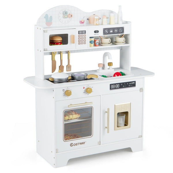 Kids Wooden Kitchen Playset with 17 Accessories, Oven, Microwave, Stove & Pretend Ice Maker – White/Pink