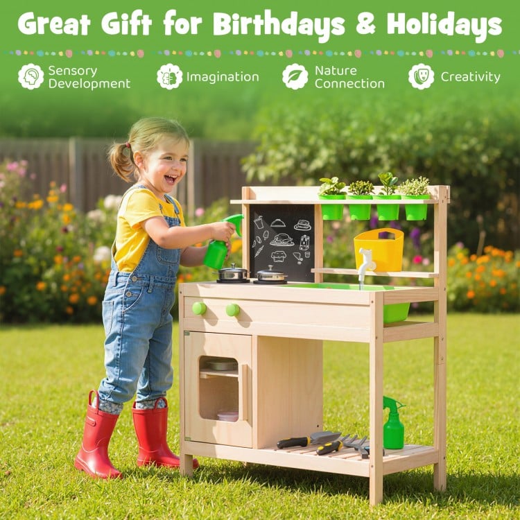 Kids Mud Kitchen Play Pretend Kitchen with Chalkboard for Kids Aged 3+