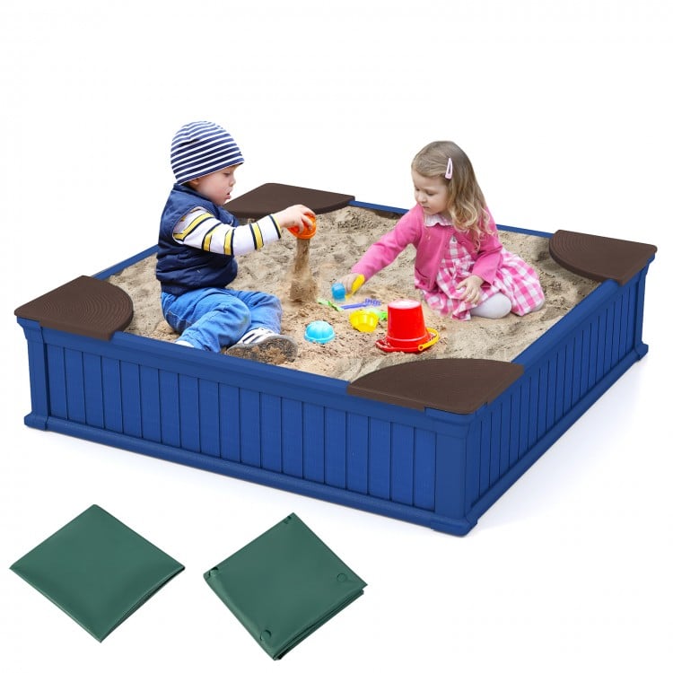 Kids Outdoor Sandbox with Oxford Cover and 4 Corner Seats-Navy