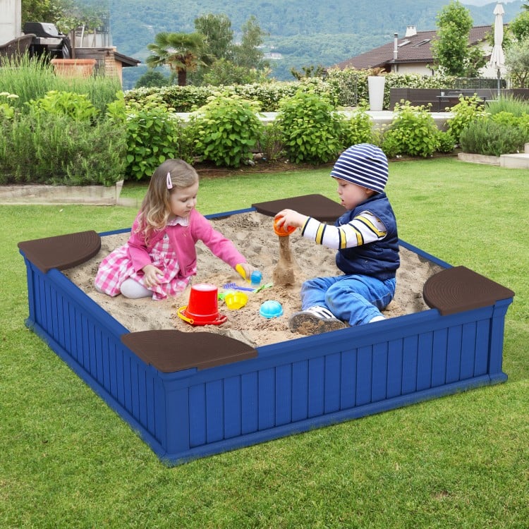 Kids Outdoor Sandbox with Oxford Cover and 4 Corner Seats-Brown