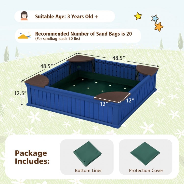 Kids Outdoor Sandbox with Oxford Cover and 4 Corner Seats-Brown