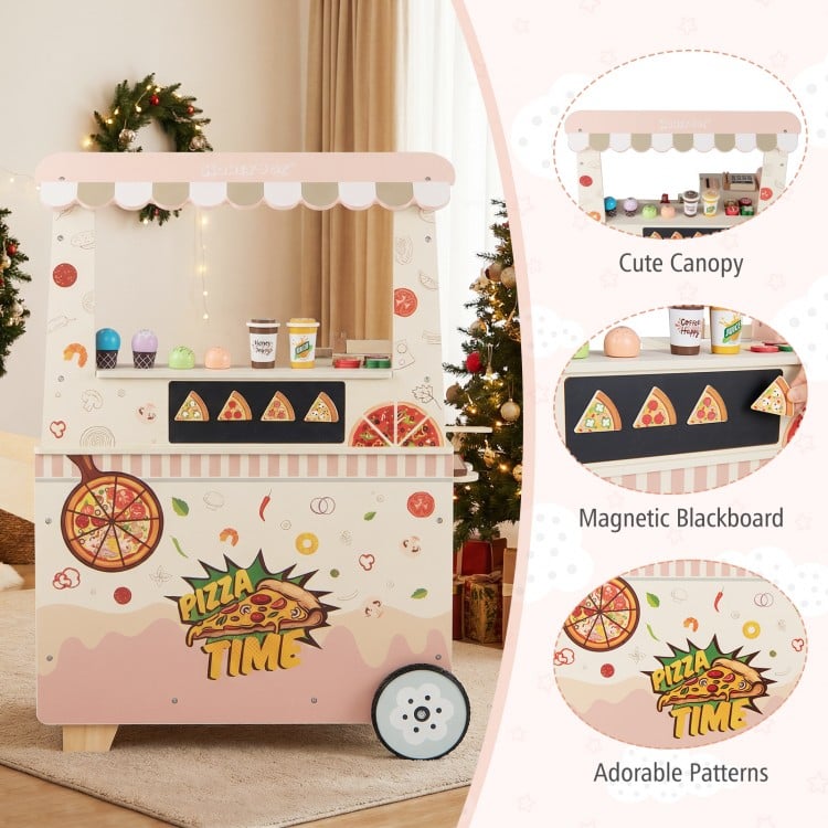 Kids Pizza Food Truck Wooden Pretend Play Snack Cart with Oven-Pink