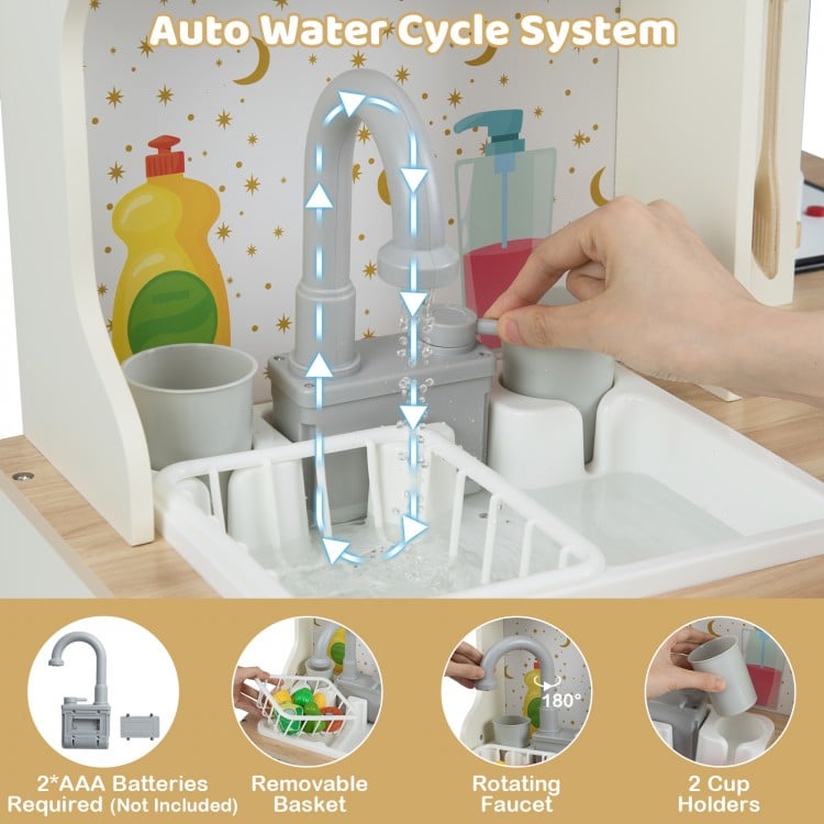 Kids Play Kitchen Wooden Corner Kitchen Playset with Working Faucet and Sink