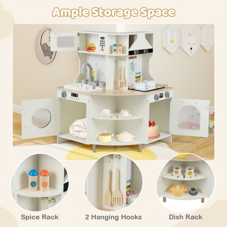 Kids Play Kitchen Wooden Corner Kitchen Playset with Working Faucet and Sink