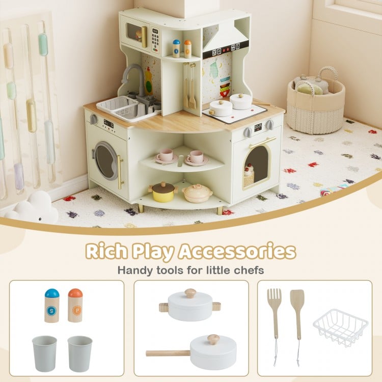 Kids Play Kitchen Wooden Corner Kitchen Playset with Working Faucet and Sink