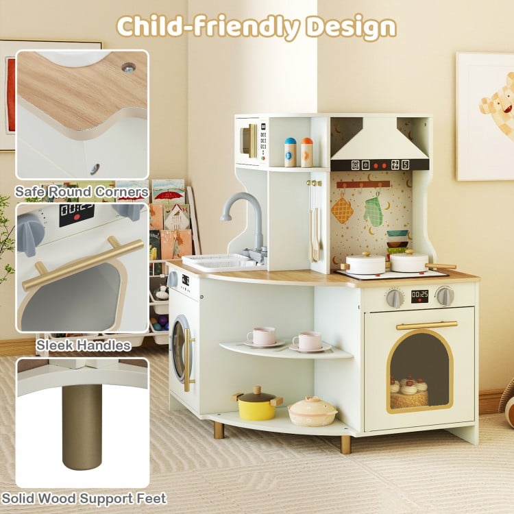 Kids Play Kitchen Wooden Corner Kitchen Playset with Working Faucet and Sink