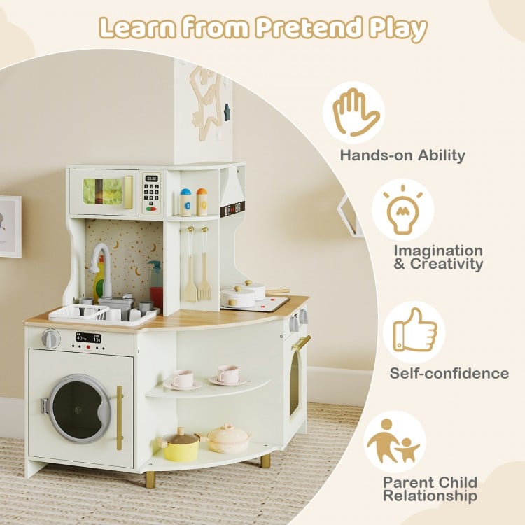 Kids Play Kitchen Wooden Corner Kitchen Playset with Working Faucet and Sink