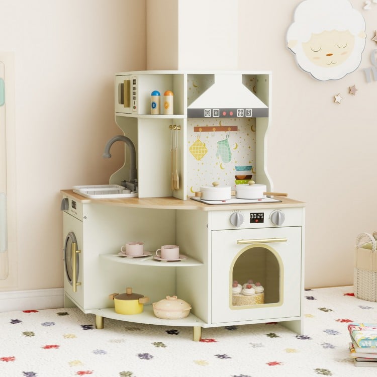 Kids Play Kitchen Wooden Corner Kitchen Playset with Working Faucet and Sink