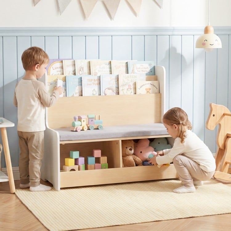 Kids Reading Nook with Bench Bookshelf and 2 Cubbies-White