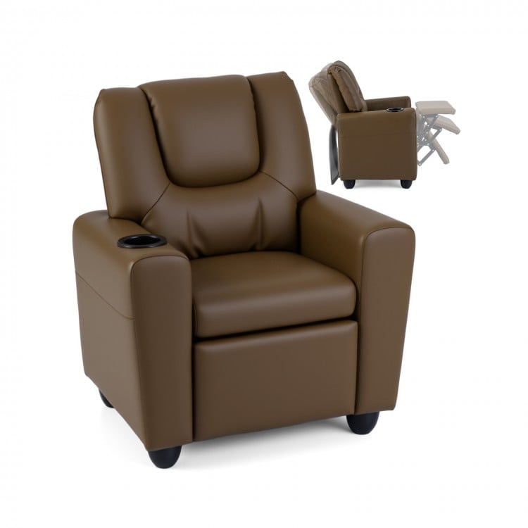 Kids Recliner Chair Push Back Toddler Reclining Armchair with Cup Holder-Brown