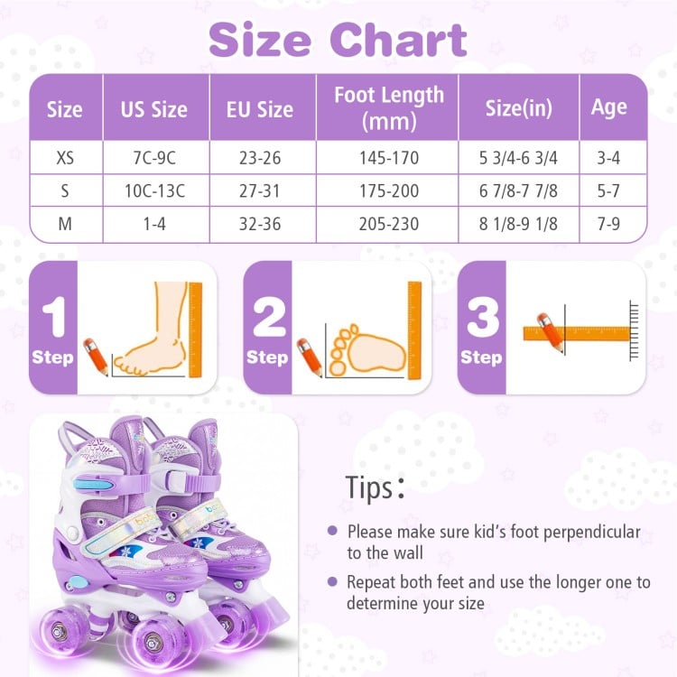 Kids Roller Skates 4 Sizes Adjustable with Light-up Wheels for Toddler Aged 5-7 (S)-Purple