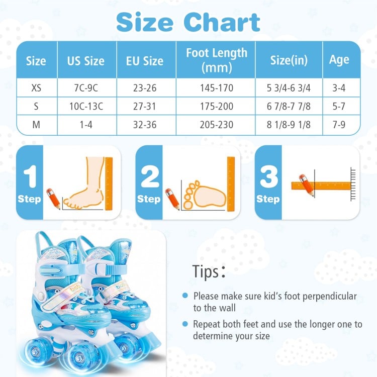 Kids Roller Skates 4 Sizes Adjustable with Light-up Wheels for Toddler Aged 3-4 (XS)-Blue