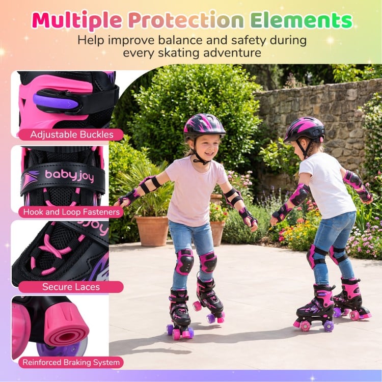Kids Roller Skates for Girls Boys 4 Sizes Adjustable Quad Skates with Light-up Wheels-Pink