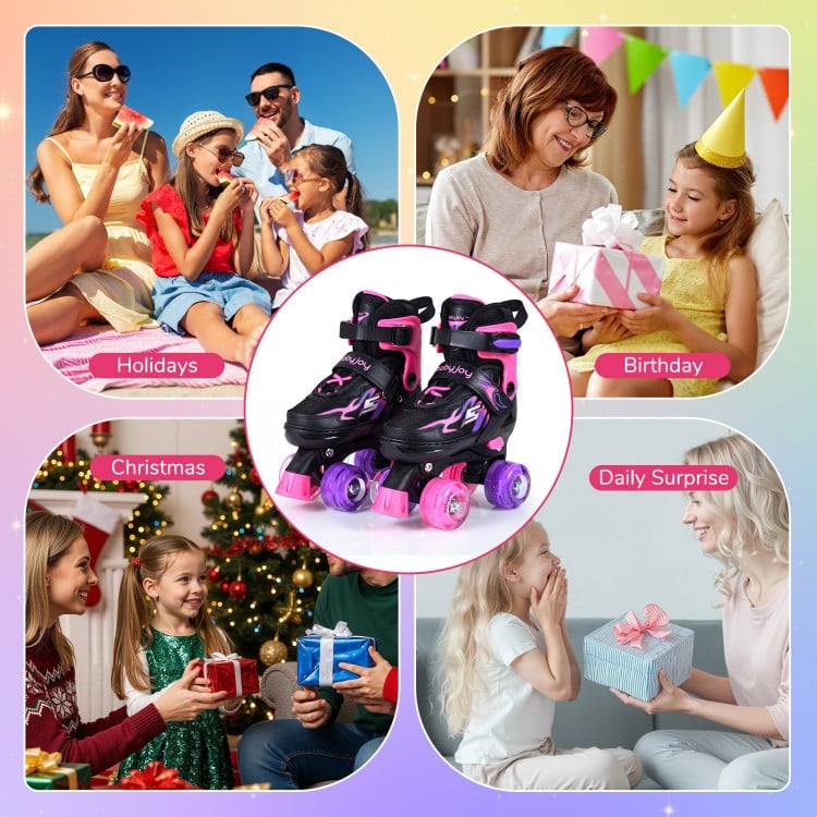 Kids Roller Skates for Girls Boys 4 Sizes Adjustable Quad Skates with Light-up Wheels-Pink