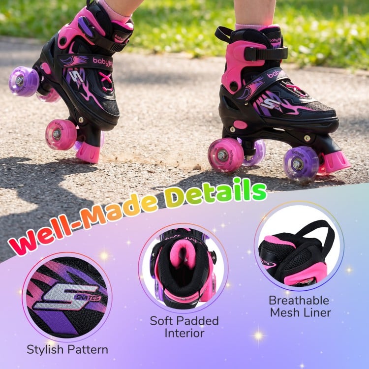 Kids Roller Skates for Girls Boys 4 Sizes Adjustable Quad Skates with Light-up Wheels-Pink