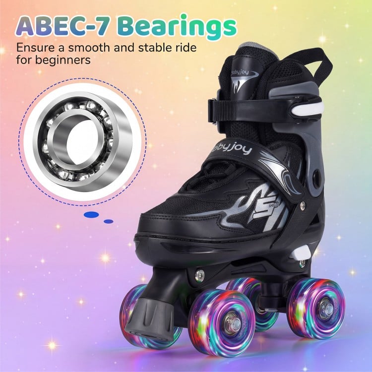 Kids Roller Skates for Girls Boys 4 Sizes Adjustable Quad Skates with Light-up Wheels for Outdoor-Black