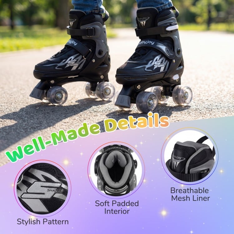 Kids Roller Skates for Girls Boys 4 Sizes Adjustable Quad Skates with Light-up Wheels for Outdoor-Black