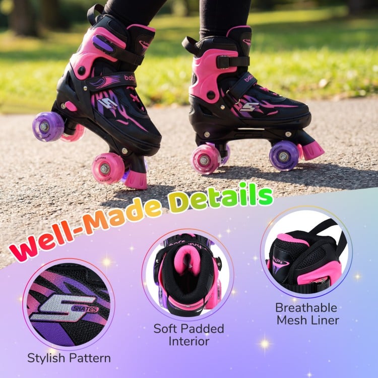 Kids Roller Skates for Girls Boys 4 Sizes Adjustable Quad Skates with Light-up Wheels for Outdoor-Pink