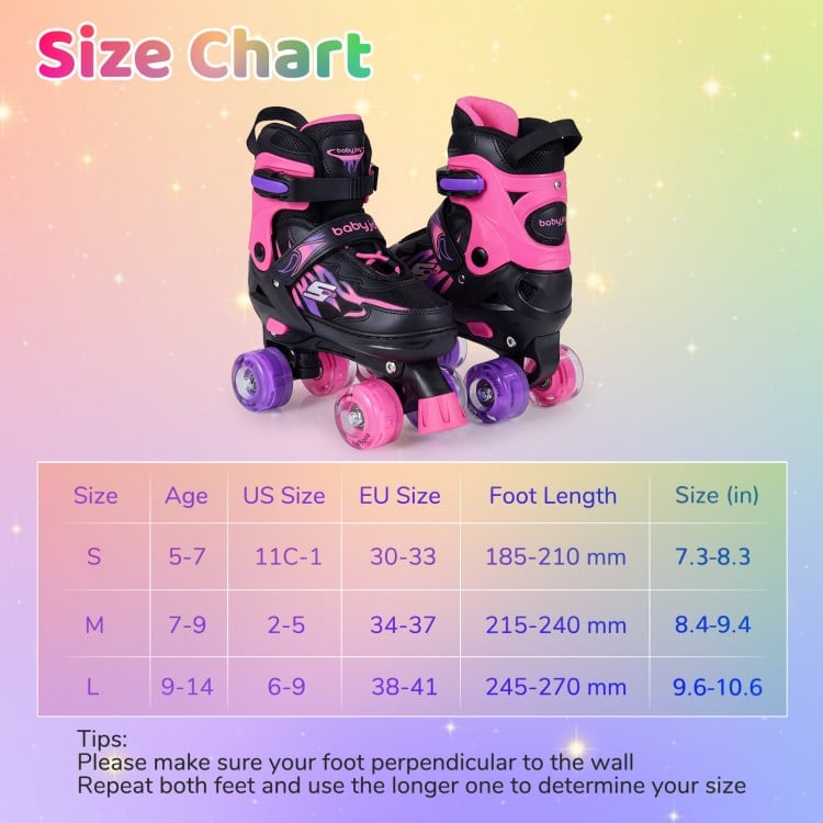 Kids Roller Skates for Girls Boys 4 Sizes Adjustable Quad Skates with Light-up Wheels for Outdoor-Pink