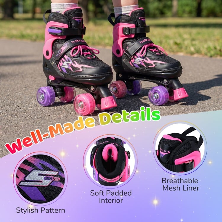 Kids Roller Skates for Girls Boys Teens 4 Sizes Adjustable Quad Skates with Light-up Wheels-Pink