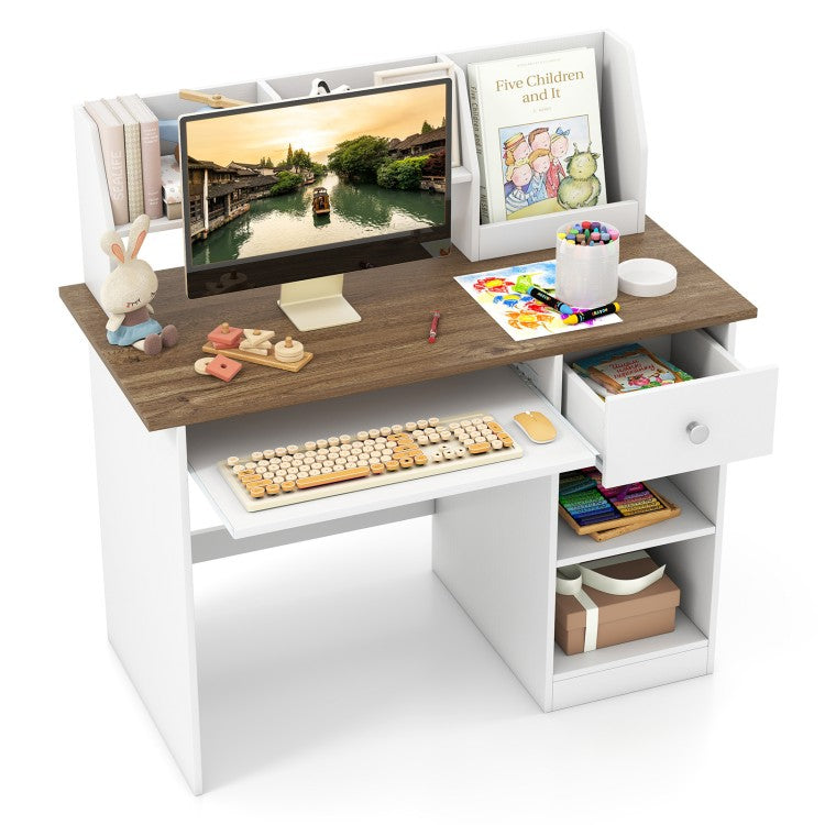 Kids Study Desk for Children with Hutch, Drawer, Shelves & Keyboard Tray