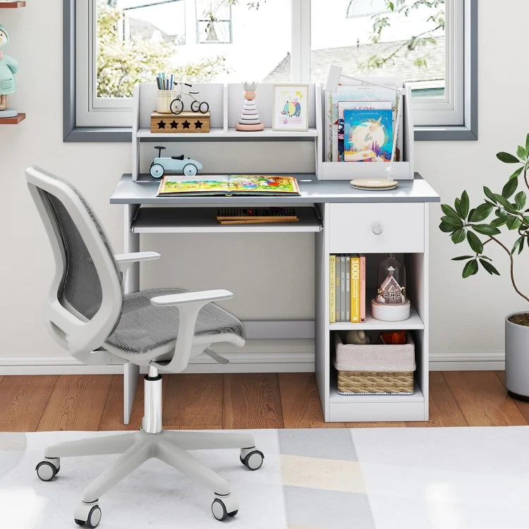 Kids Study Desk for Children with Hutch, Drawer, Shelves & Keyboard Tray