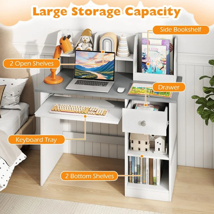 Kids Study Desk for Children with Hutch, Drawer, Shelves & Keyboard Tray