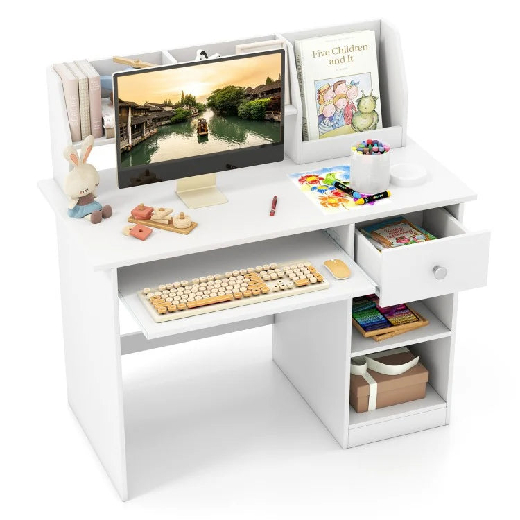 Kids Study Desk for Children with Hutch, Drawer, Shelves & Keyboard Tray