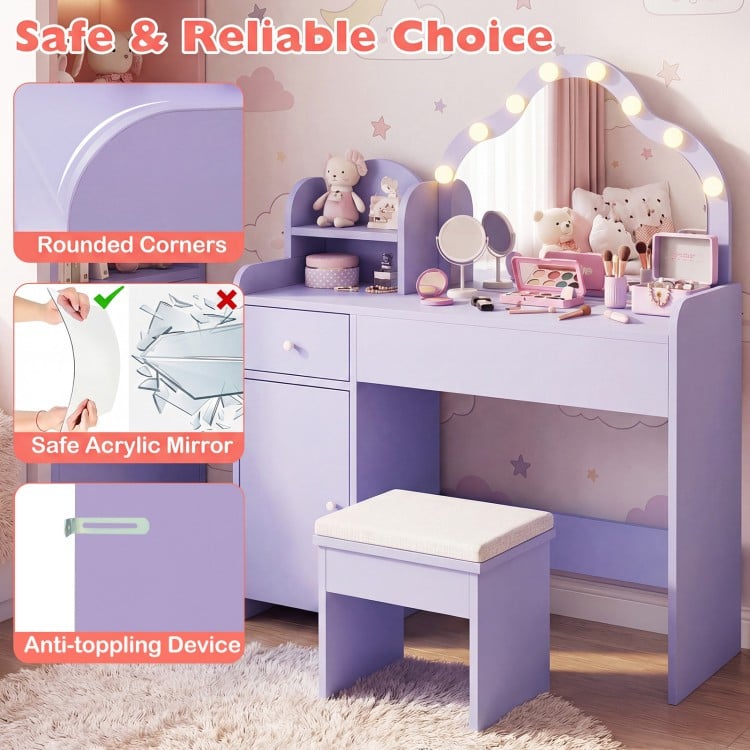 Kids Vanity Desk with Mirror and Lights Princess Pretend Play Dressing Table-Purple
