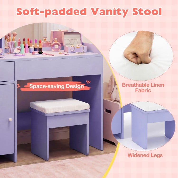 Kids Vanity Desk with Mirror and Lights Princess Pretend Play Dressing Table-Purple