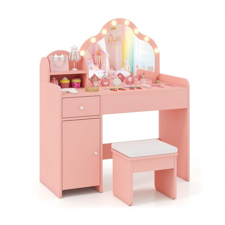 Kids Vanity Desk with Mirror and Lights Princess Pretend Play Dressing Table-Pink