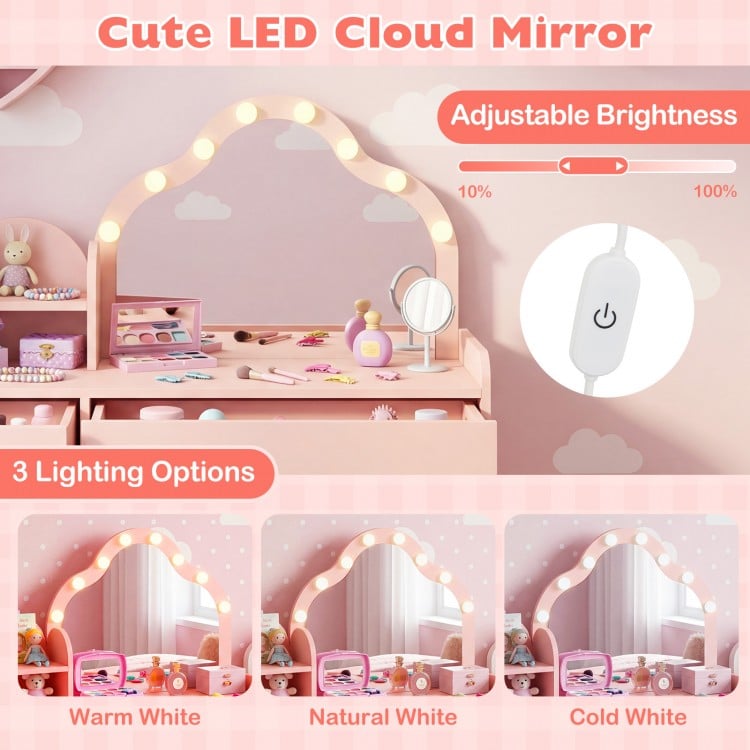 Kids Vanity Desk with Mirror and Lights Princess Pretend Play Dressing Table-Pink