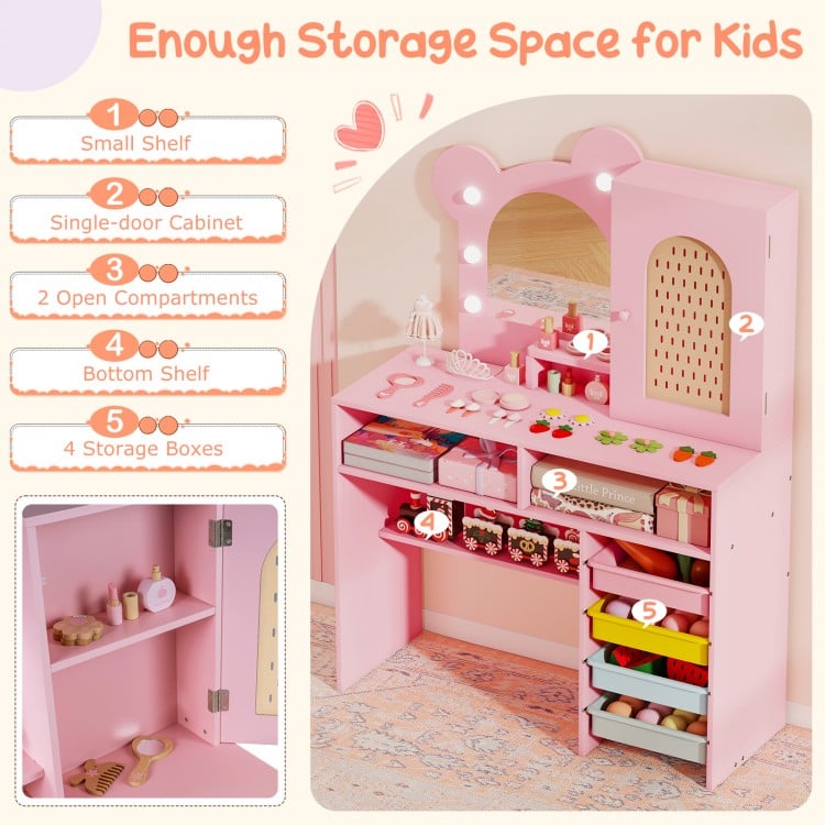 Kids Vanity with Lights and 5 Drawers for Kids Aged 3+ Years Old-Pink