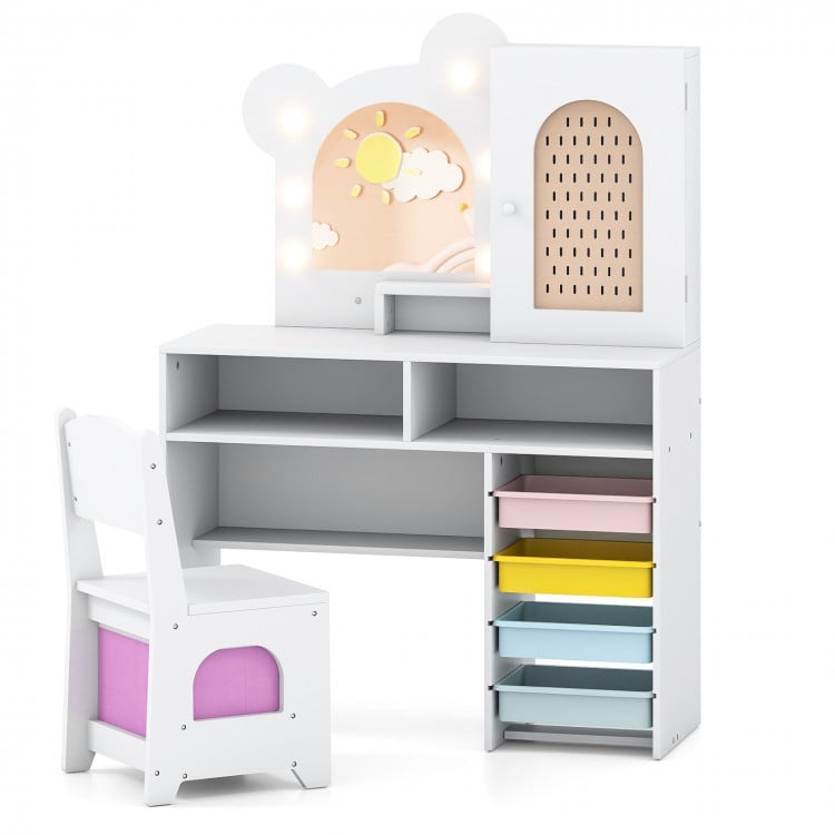 Kids Vanity with Lights and 5 Drawers for Kids Aged 3+ Years Old-White