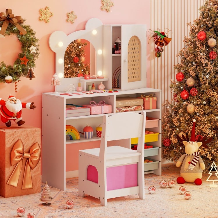 Kids Vanity with Lights and 5 Drawers for Kids Aged 3+ Years Old-White