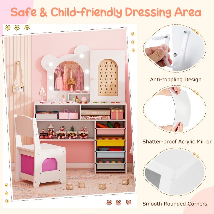 Kids Vanity with Lights and 5 Drawers for Kids Aged 3+ Years Old-White